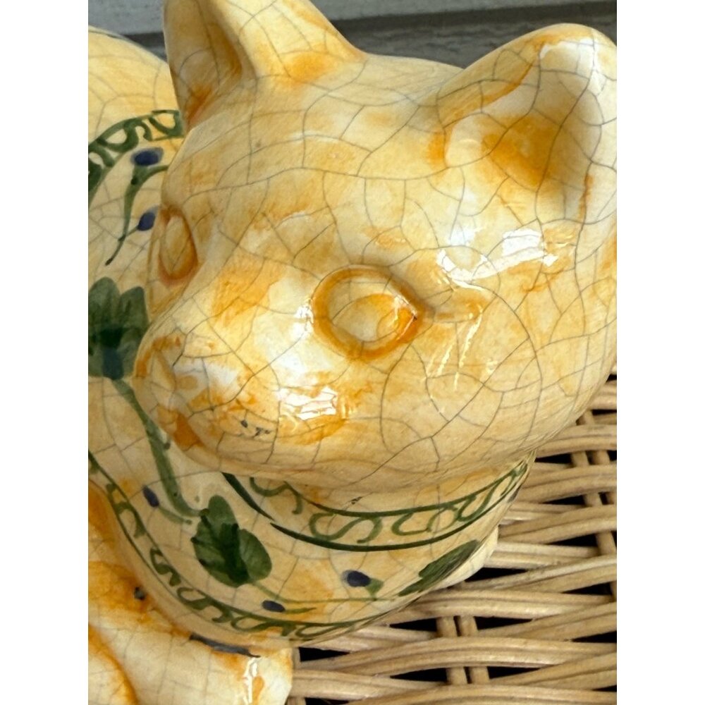 Vintage 70's Ceramic Cat Crackle Glaze Hand Painted Olive Branch - Picture 5 of 13